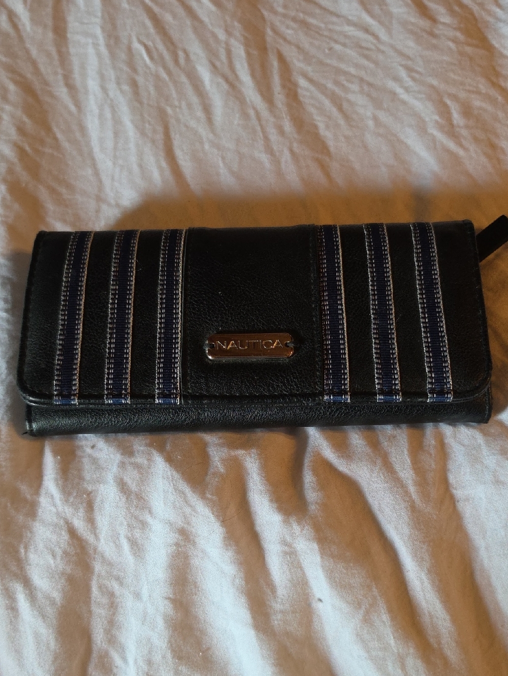Nautica Black Wallet with Navy Stripe Accents
